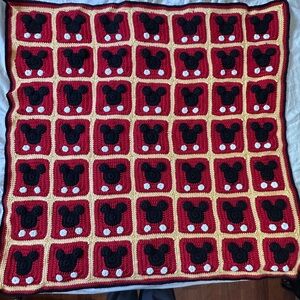 Handmade Crochet Mickey Mouse Baby Blanket Red Black Yellow Reversible 36x36